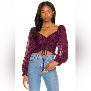 Astr the Label Love Song Floral Ruched Blouse in Black & Magenta Ditsy